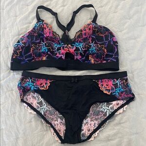 Torrid Black and Neon Multicolor Floral Lace Bra and Panty Set